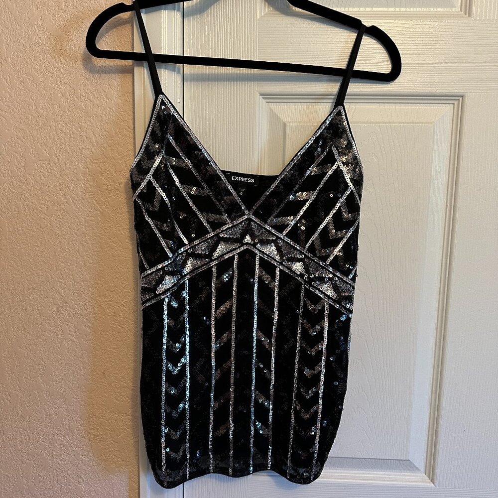 Express Black Sequin V-Neck Camisole with Silver Accents